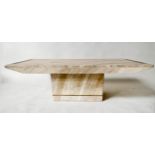 TRAVERTINE LOW TABLE, 1970s rectangular marble on plinth base with contrast detail, 40cm H x 125cm W