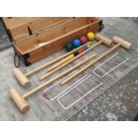 CROQUET SET, in pine box 180cm W, including four ash mallets, posts, hoops and balls.