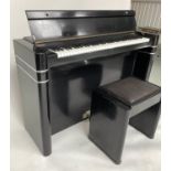 ART DECO EAVESTAFF MINI PIANO, ebonised and chrome mounted with matching piano stool (tuned),