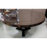 DINING TABLE, 150cm diam. x 79cm H, contemporary, smoked eucalyptus veneer top, with inlaid accent.