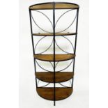 SHELVING, 170cm H x 42cm D x 80cm W, vintage style semi-circular, with five shelves, on arched and
