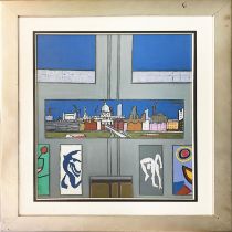 BRIAN MANN (20th century British) 'London from the Tate', oil on paper, 57cm x 48cm, framed and