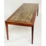 CENTRE/LOW TABLE, 168cm W x 62cm D x 52cm H, early 1970s, tiled in Biba mottled brown and green,