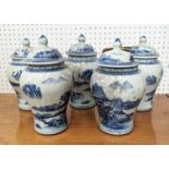 GINGER JARS, a set of five, Chinese export style blue and white ceramic, 22cm H. (5)