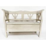 SETTLE, Scandinavian style grey painted with trefoil pierced back and rising seat, 126cm W.