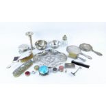 A COLLECTION OF ASSORTED SILVERWARE, comprising silver part dressing table set, a silver Victorian