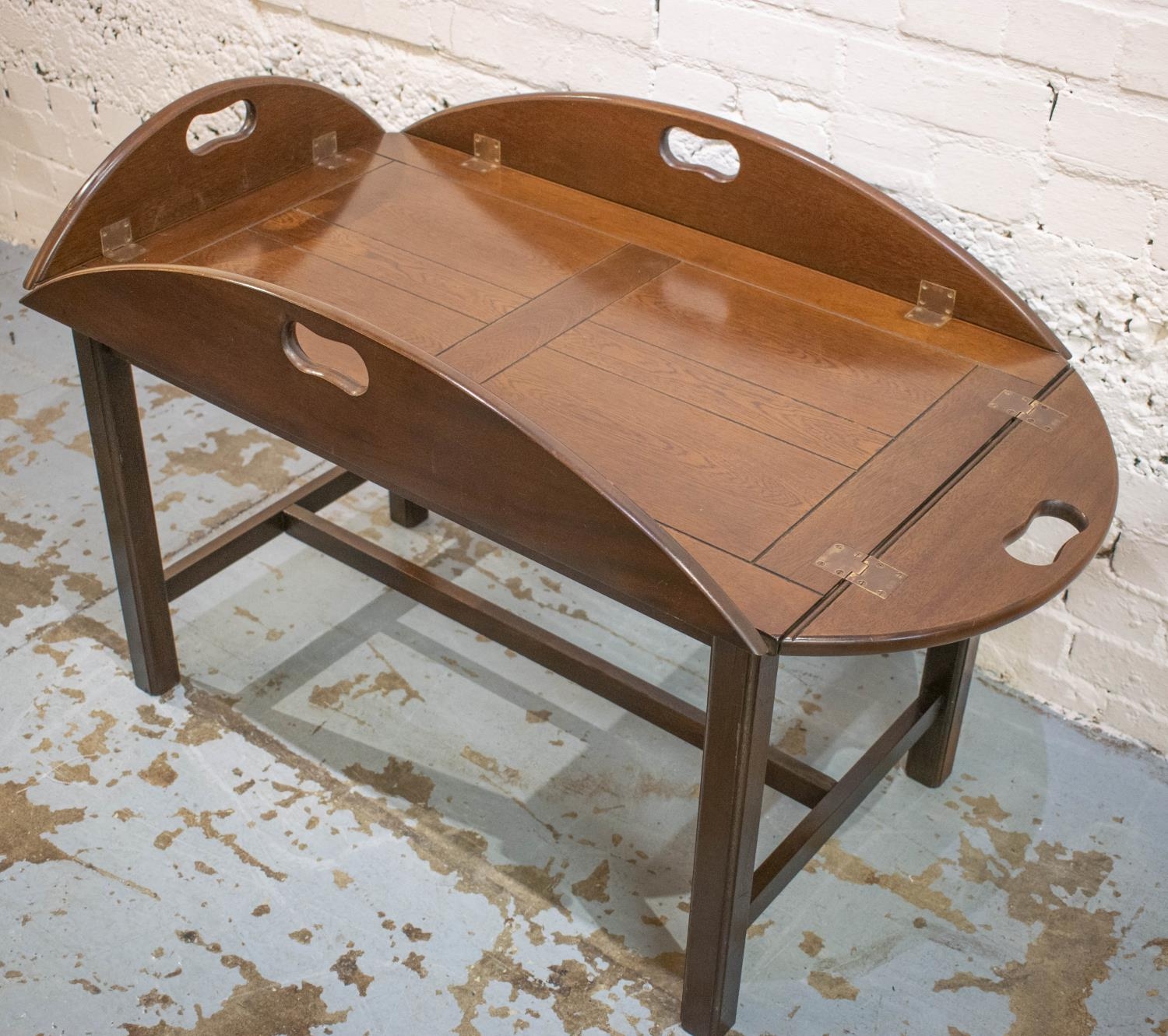 BUTLERS TRAY, 52cm H x 113cm x 79cm open, Georgian style oval with hinged sides on stand.