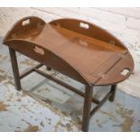 BUTLERS TRAY, 52cm H x 113cm x 79cm open, Georgian style oval with hinged sides on stand.
