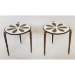 PETAL OCCASIONAL TABLES, a pair, circa 1960, laminated coffee brown petal design top, each on