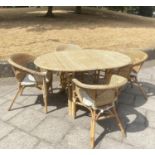 BAMBOO CENTRE/PICNIC TABLE AND CHAIRS, 1950s oval wicker panelled, bamboo framed and cane bound with