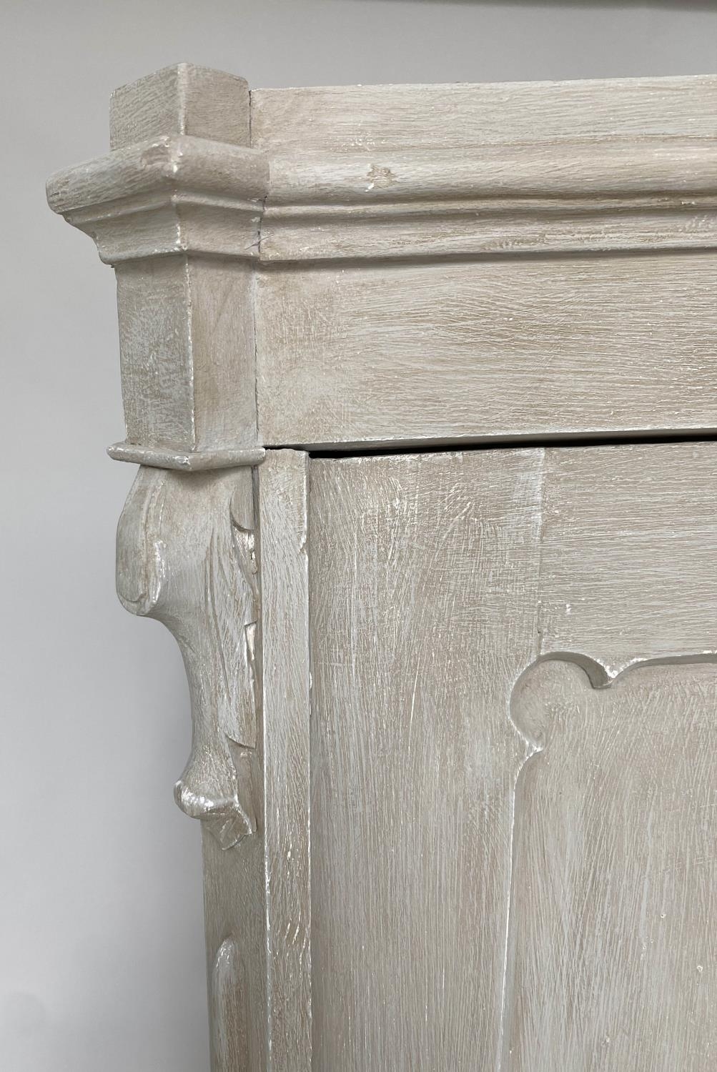 ARMOIRE, 19th century French traditionally grey painted with arched cornice, two panelled doors ( - Image 6 of 9