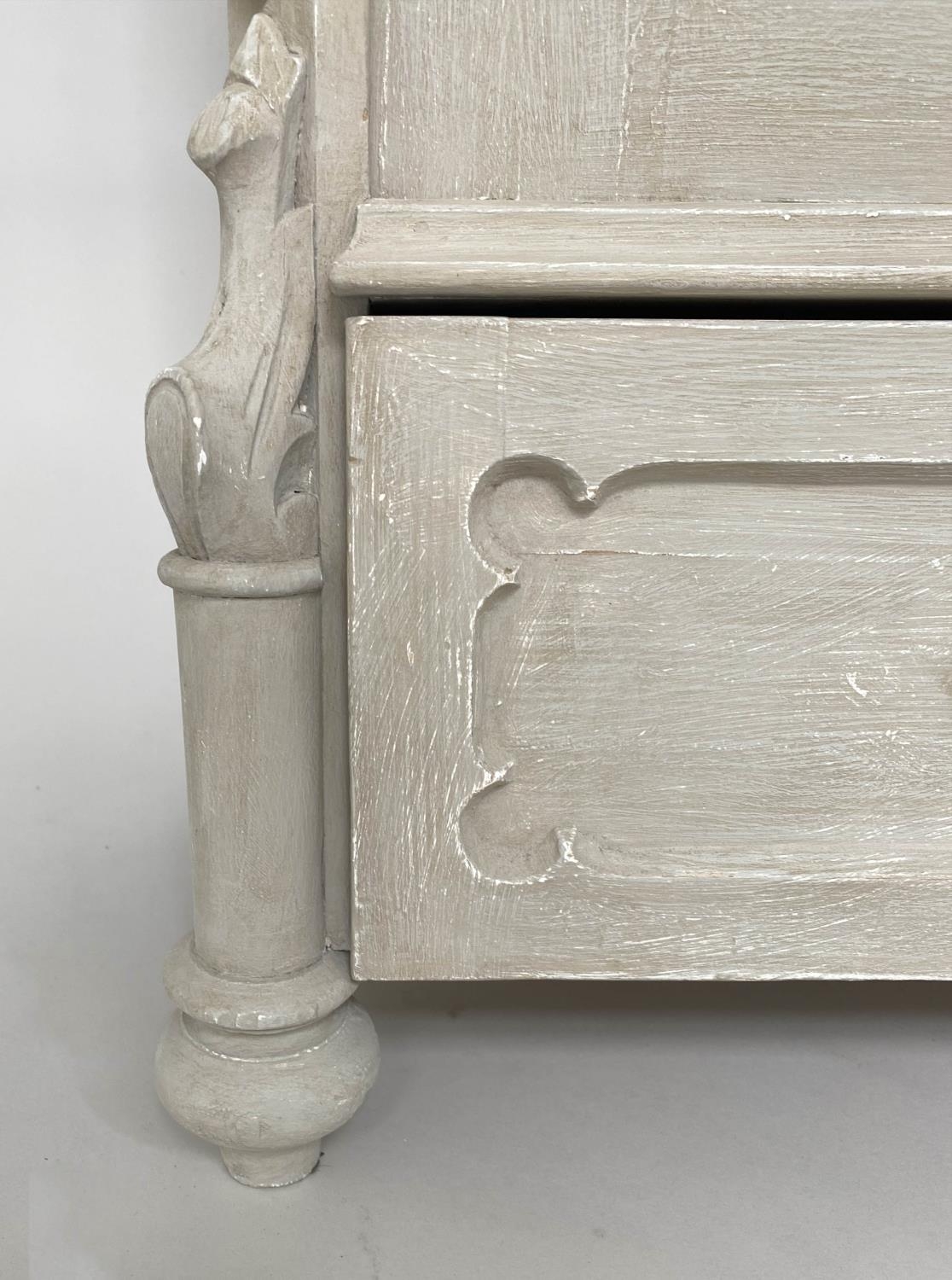 ARMOIRE, 19th century French traditionally grey painted with arched cornice, two panelled doors ( - Image 5 of 9