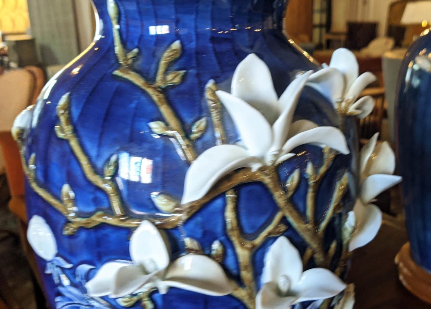 TABLE LAMPS, a pair, 79cm H x 49cm W, blue ceramic with white floral low relief decoration, blue - Image 3 of 6