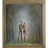 PIERRE DEVOS (1917-1972), 'Figures in a Forest', oil on board, 55cm x 49cm, signed & framed.