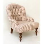 SLIPPER ARMCHAIR, 62cm W, Victorian style, with buttoned check upholstery and turned supports.