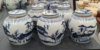CHINESE GINGER JARS AND COVERS, a set of five, 26cm H, blue and white decoration. (5)