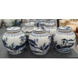 CHINESE GINGER JARS AND COVERS, a set of five, 26cm H, blue and white decoration. (5)