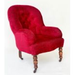 SLIPPER ARMCHAIR, 60cm W, Victorian walnut, with buttoned scarlet chenille velvet and turned