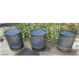 ZINC EFFECT METAL PLANTERS, set of three, of barrel form with carrying handles, each 40cm H x 36cm