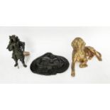 SPELTER FIGURE OF A DOG, 1963, together with a bronze figure of a warrior and a resin cast plaque of