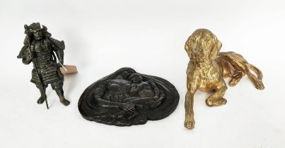 SPELTER FIGURE OF A DOG, 1963, together with a bronze figure of a warrior and a resin cast plaque of