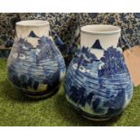 CHINESE BALUSTER VASES AND COVERS, a pair, 33cm H, blue and white decoration, stag head handles. (2)