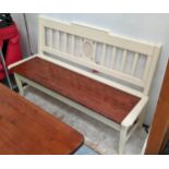 CONSERVATORY BENCH, 154cm W x 55cm D x 92cm H, cream painted pine, hinged seat enclosing storage