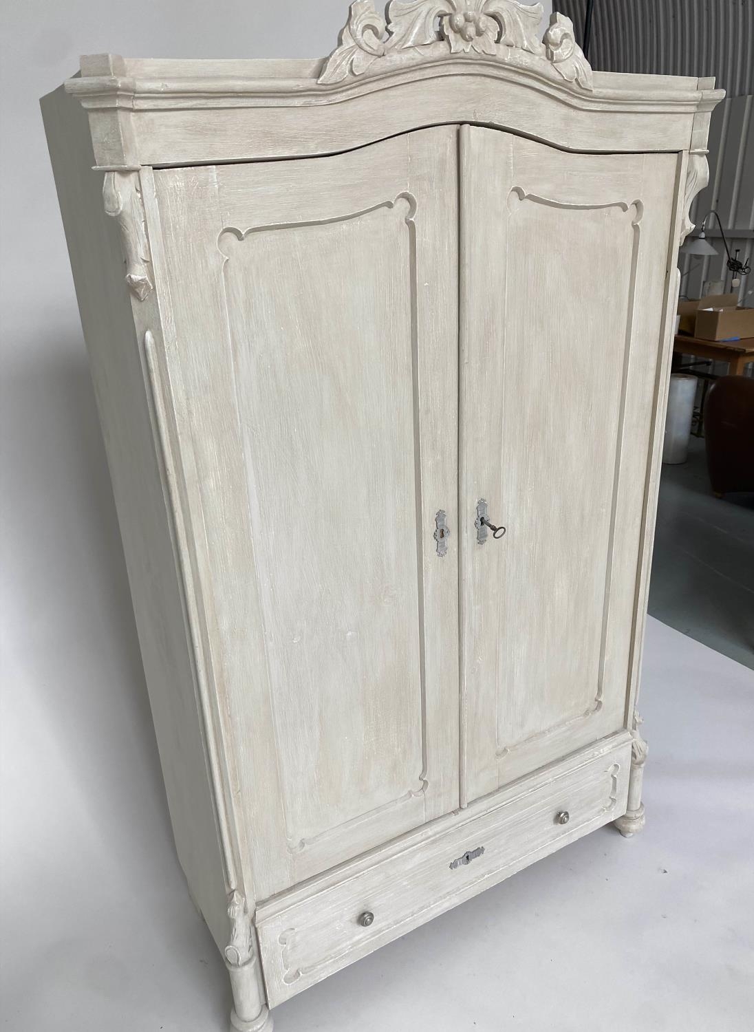 ARMOIRE, 19th century French traditionally grey painted with arched cornice, two panelled doors ( - Image 2 of 9