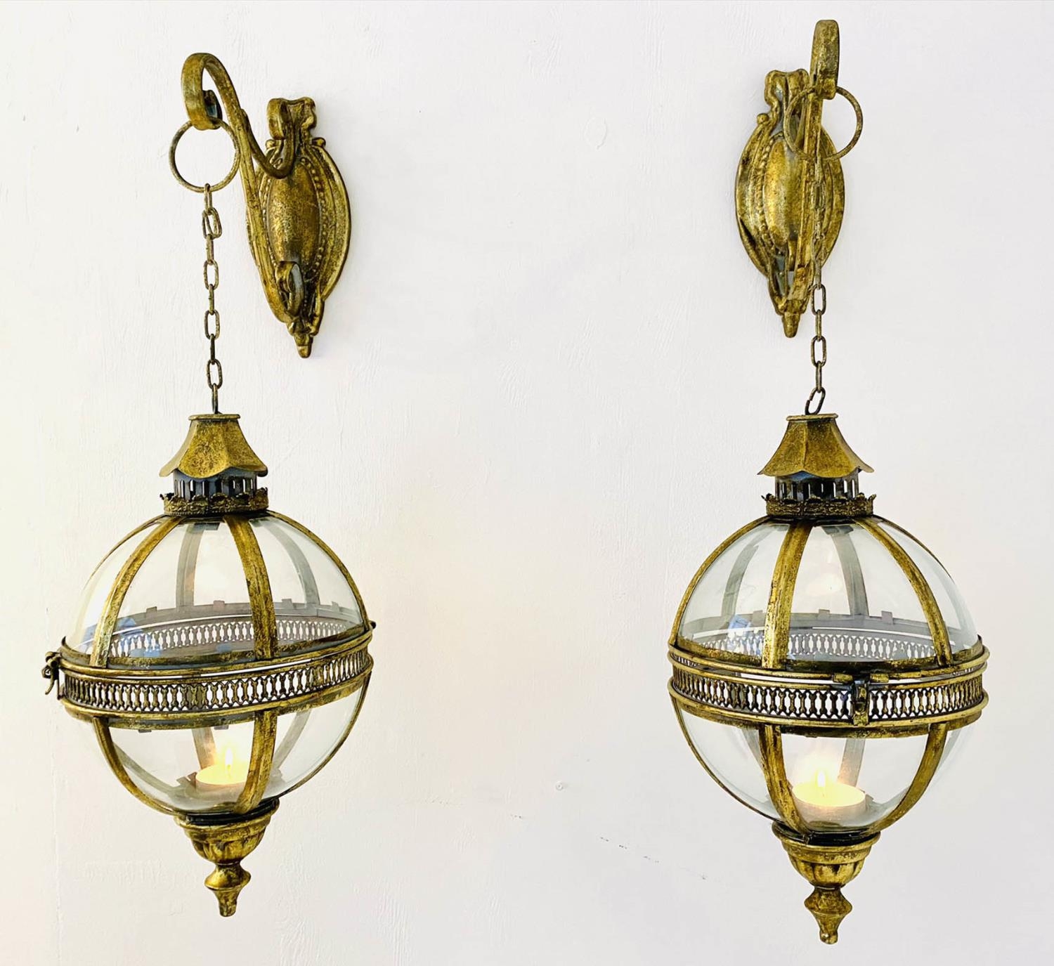 CANDLE LANTERNS, a pair, in the Regency style, 70cm hanging height, of globular form, gilt metal - Image 3 of 4