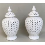 GINGER JARS, a pair, 49cm x 25cm, pierced white glazed ceramic. (2)