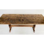 REFECTORY TABLE, vintage traditional oak, with planked top and twin trestle supports, 182cm W x 61cm