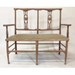 HALL SEAT, Edwardian fruitwood with pierced splat back and studded linen upholstered seat, 110cm W.