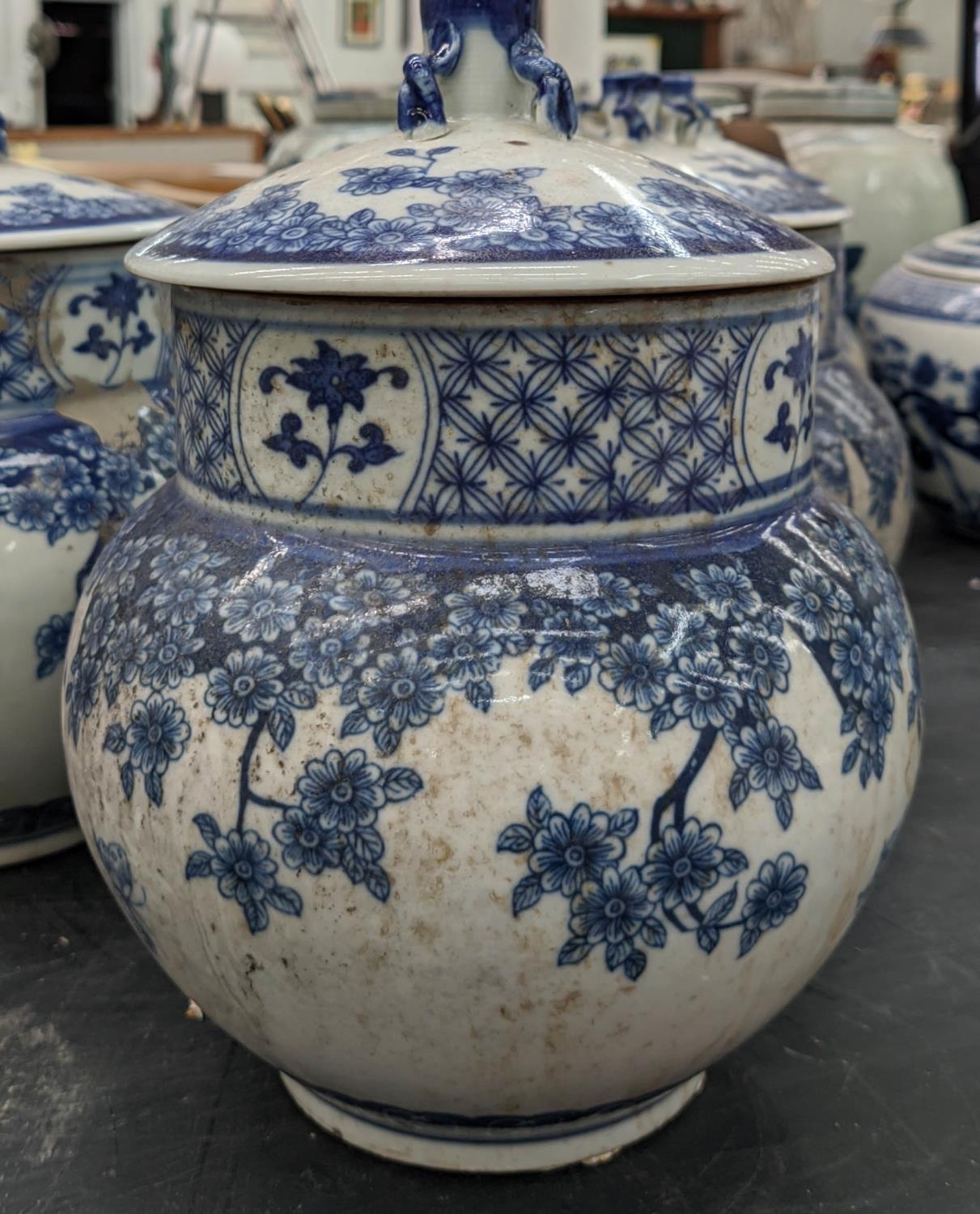 CHINESE JARS AND COVERS, a set of five, 22cm H x 18cm diam., blue and white decoration, of ovoid and - Image 3 of 4