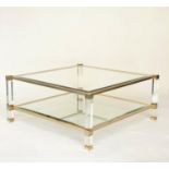 LOW TABLE, 93cm sq. x 40cm H, bevelled glass top on a gilt metal frame, with Lucite pillars and