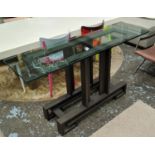 CONSOLE TABLE, contemporary bronzed base, glass top, 77.5cm H x 65cm W x 45 D.