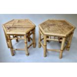 OCCASIONAL TABLES, a pair, hexagonal bamboo and split cane, 48cm x 42cm H. (2)