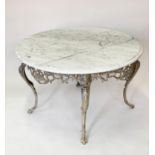 LOW TABLE, veined carrara marble top, on cast iron silvered metal tracery support, 80cm diam. x 48cm
