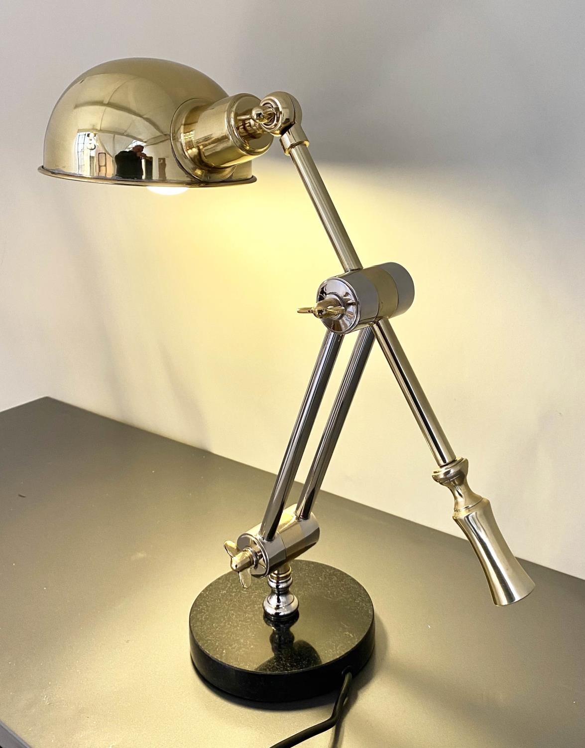 DESK LAMP, Angle-poise style, gilt metal frame standing on a marble base. - Image 4 of 7