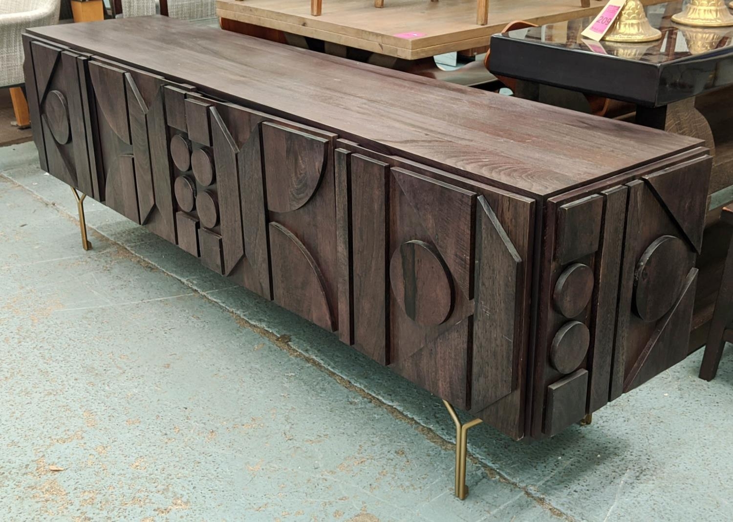 SIDEBOARD, 213cm L x 69cm H x 49cm D with four panelled doors on metal supports. - Image 2 of 6