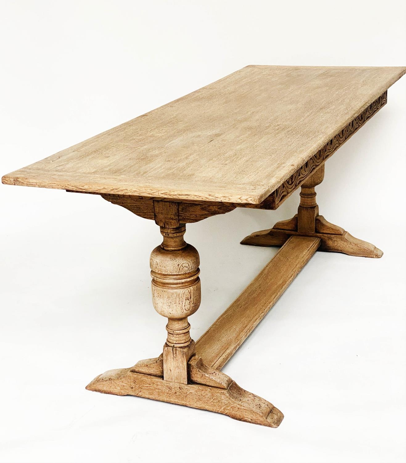 DINING TABLE, vintage solid oak planked and cleated on twin trestles and stretcher, 183cm x 68cm D x - Image 2 of 7