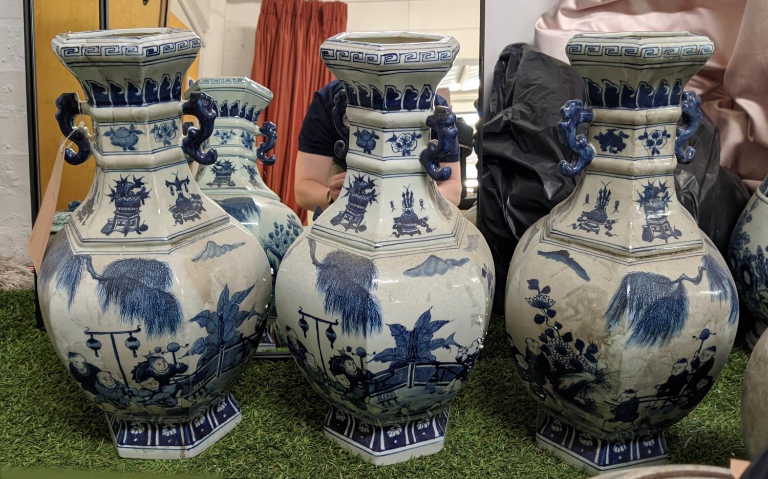 CHINESE BLUE & WHITE VASES, set of three, 45cm H, hexagonal baluster form, serpent snake handles. (