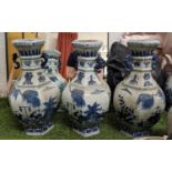 CHINESE BLUE & WHITE VASES, set of three, 45cm H, hexagonal baluster form, serpent snake handles. (