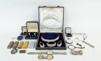 A COLLECTION OF COSTUME JEWELLERY, including faux pearl gilt metal necklace set, cuff links, five