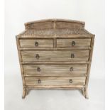 BAMBOO CHEST, bamboo framed and cane panelled with two short above three long drawers and splayed