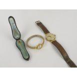 A SEKONDA YELLOW METAL WRISTWATCH, a 9ct gold Yeoman wristwatch with leather strap, a yellow metal