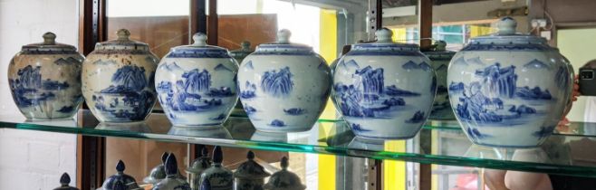 GINGER JARS, a set of six, Chinese export style, blue and white ceramic, 15cm H. (6)