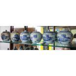 GINGER JARS, a set of six, Chinese export style, blue and white ceramic, 15cm H. (6)