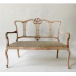 HALL SEAT, late 19th century fruitwood with triple comb splat back and studded linen upholstered