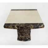 LAMP TABLE, 55cm sq. x 55cm H, travertine marble top with granite and banding, on plinth.