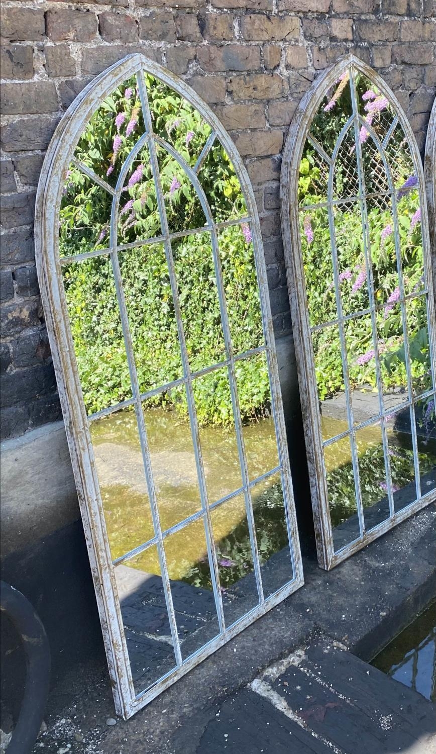 ARCHITECTURAL GARDEN MIRRORS, pair, 158cm H x 66cm W, Gothic arched metal frames, (2) - Image 3 of 3